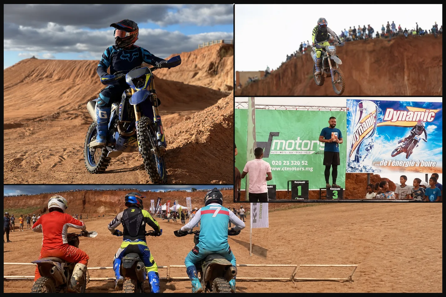 Galerie de Lucas Rasolofoniaina pratiquant le motocross : pilotage sur piste, saut, départ de course et podium